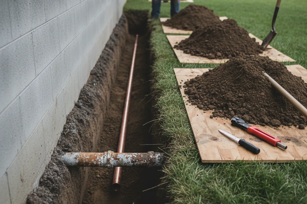 Excavated water line trench during Sewer Line Repair in Pittsburgh